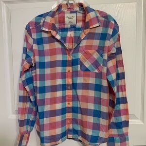 American Eagle Outfitters Pink Blue Plaid Button-Up Shirt Cotton Lightweight Med